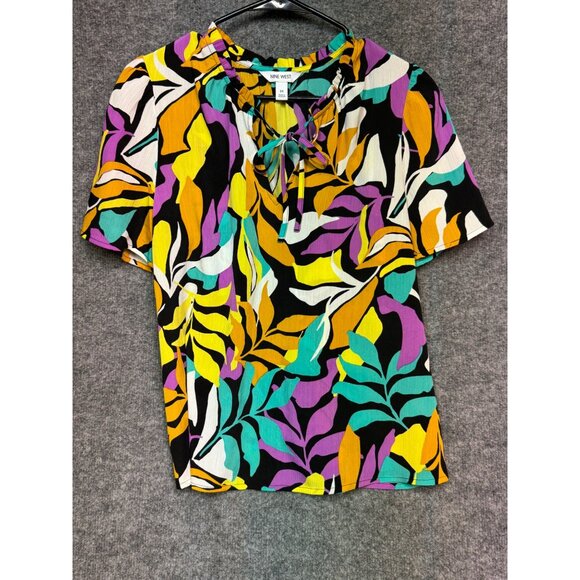 Nine West Top Women’s M Multicolor Abstract Leaf Print Short Sleeve Tie Neck Top - Picture 10 of 12